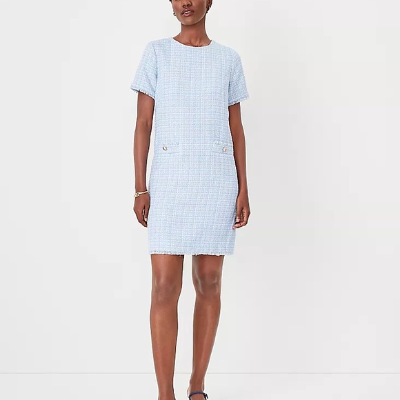 Ann Taylor Tweed Short Sleeve Shift Dress in Blue - Picture 1 of 12